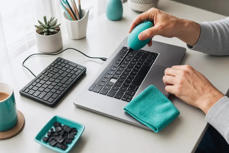 Nettoyage prudent du clavier d’un ordinateur portable avec une soufflette sur un bureau.