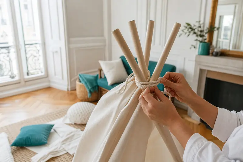 Montage d’un tipie en toile sur tasseaux dans un salon lumineux