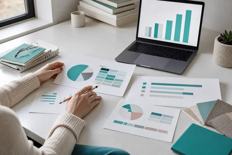 Création d’une infographie avec graphiques, nuanciers et ordinateur sur un bureau lumineux.