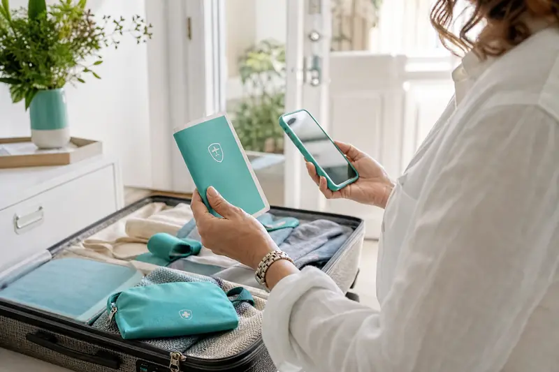 Voyageuse vérifiant son assurance voyage avant de fermer une valise.