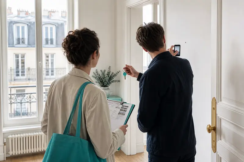 Locataire et bailleur sécurisent une transaction locative lors d’un état des lieux parisien.