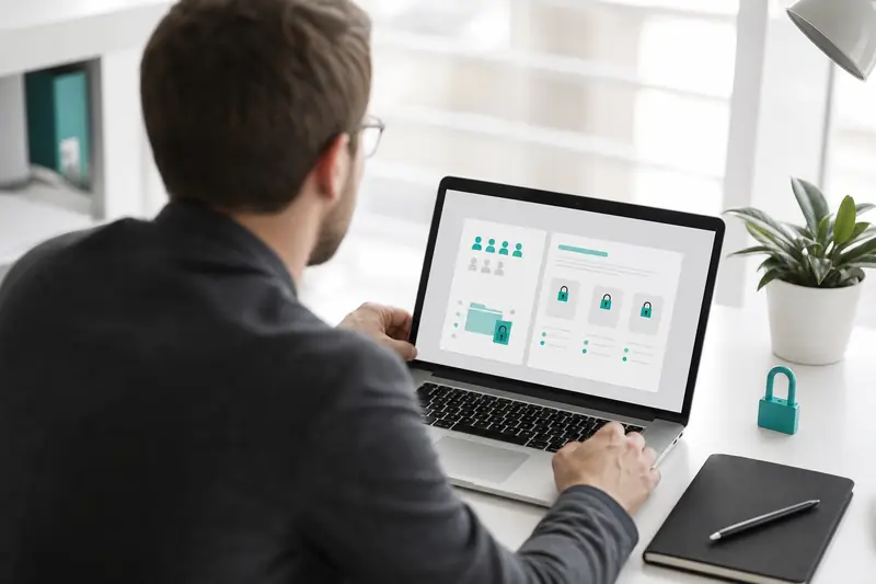Gestionnaire vérifiant les permissions d’accès aux rapports Power BI sur ordinateur.