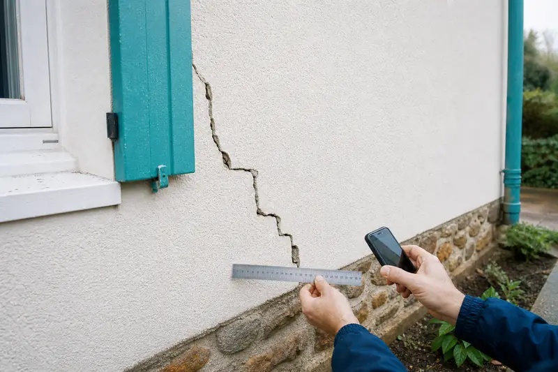 Fissure en escalier sur façade contrôlée pour détecter l’affaissement de maison.