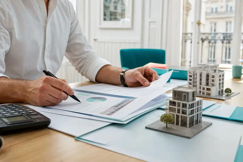 Mains analysant un investissement en SCPI sur une table lumineuse.