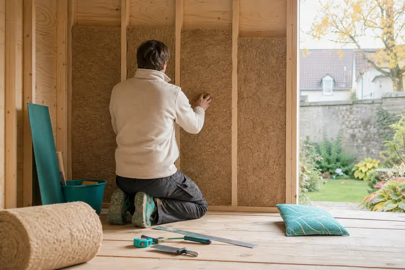Isolation d’un abri de jardin en bois avec panneaux entre les tasseaux