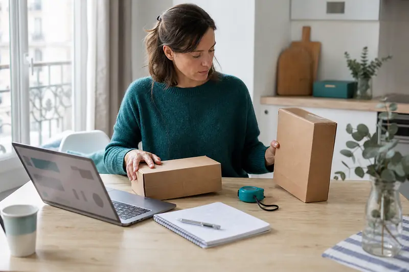 Consommateur comparant des colis pour des achats en ligne à domicile.