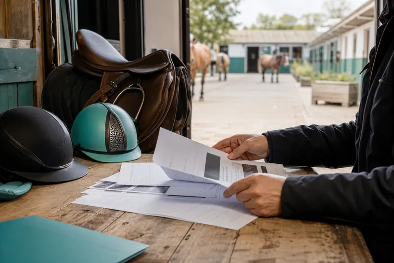 Responsable vérifiant une assurance cheval dans un centre de formation équestre