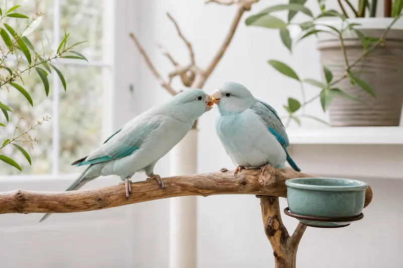Deux perroquets échangent de la nourriture lors d’une parade amoureuse sur un perchoir.