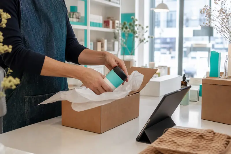 Commerçant préparant une commande issue d’une plateforme de vente en ligne.