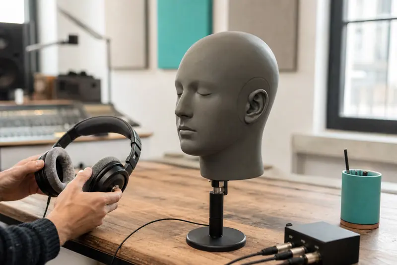 Tête artificielle et casque illustrant une prise de son binaurale en studio.