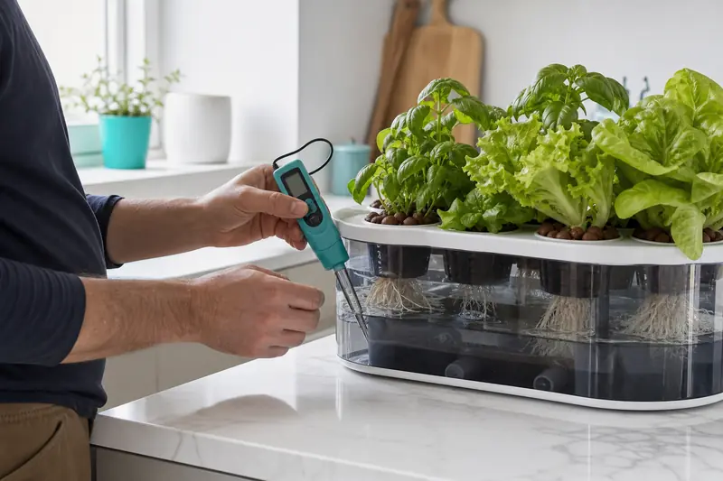 Potager hydroponique intérieur avec salades, basilic et contrôle du pH de l’eau