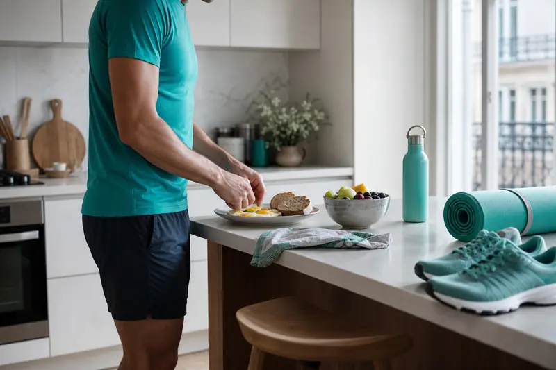 Récupération musculaire après le sport avec repas équilibré et hydratation à domicile