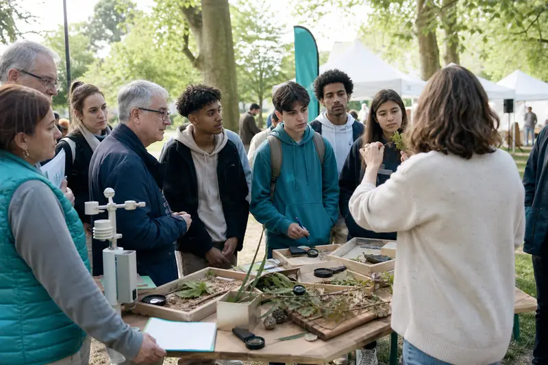 Participants observent la biodiversité lors d’un festival de science citoyenne dans un parc.