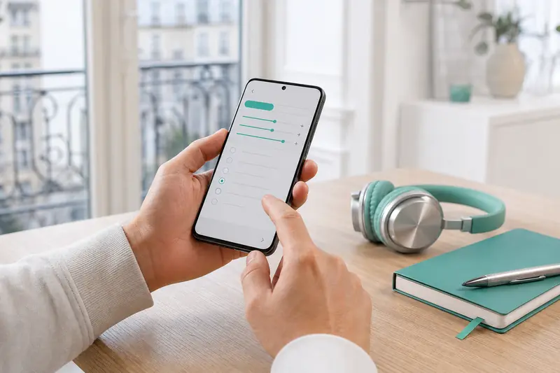 Personne réglant une chanson en sonnerie sur son smartphone posé sur une table.