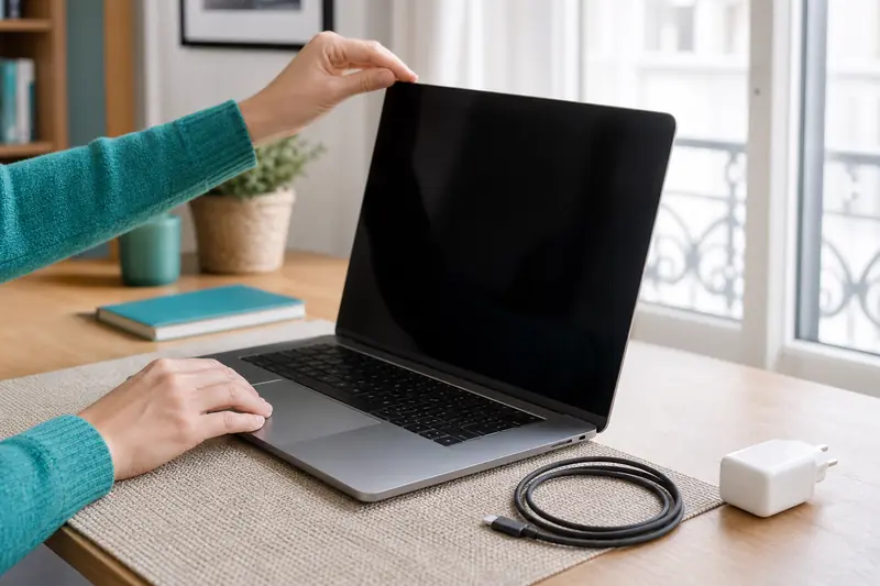 Réglage de luminosité pour optimiser la batterie d’un ordinateur portable sur un bureau.