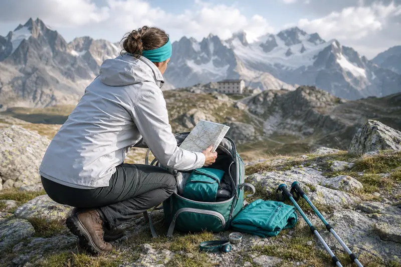 Randonneur préparant son sac pour une randonnée en haute montagne.