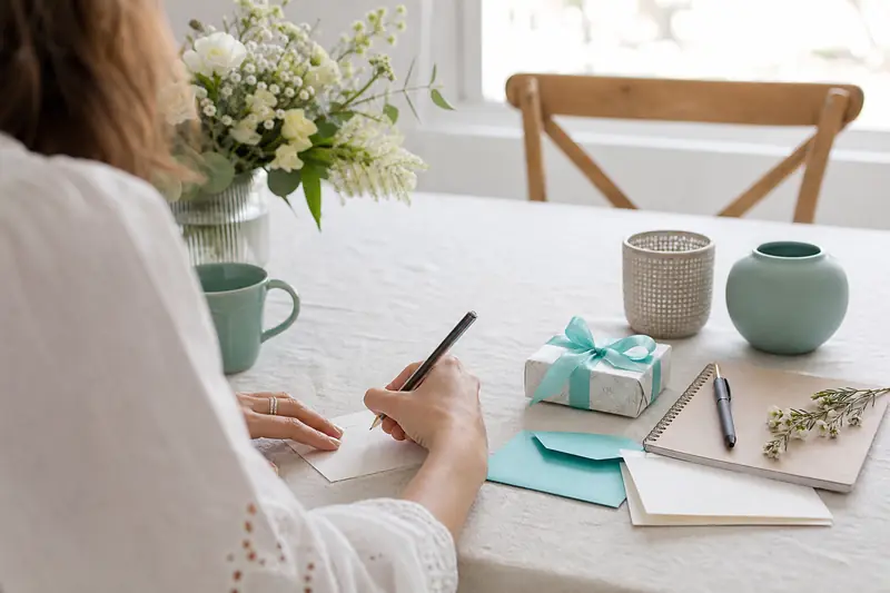 Préparation de cartes de remerciements après un anniversaire familial.