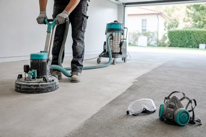 Ponçage d’un sol en béton avec surfaceuse et aspirateur de chantier