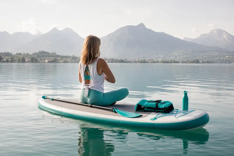 Pratiquante de stand-up paddle yoga assise sur une planche sur lac calme