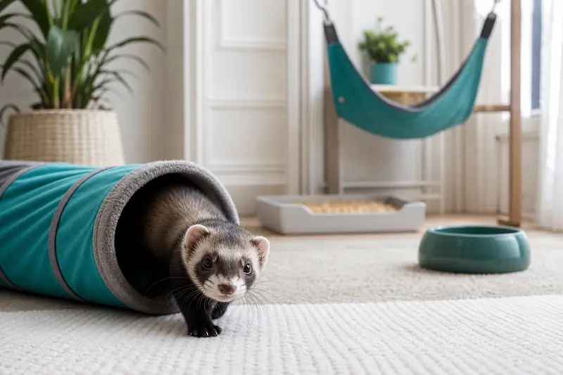Un furet de compagnie joue dans un tunnel dans un intérieur sécurisé.