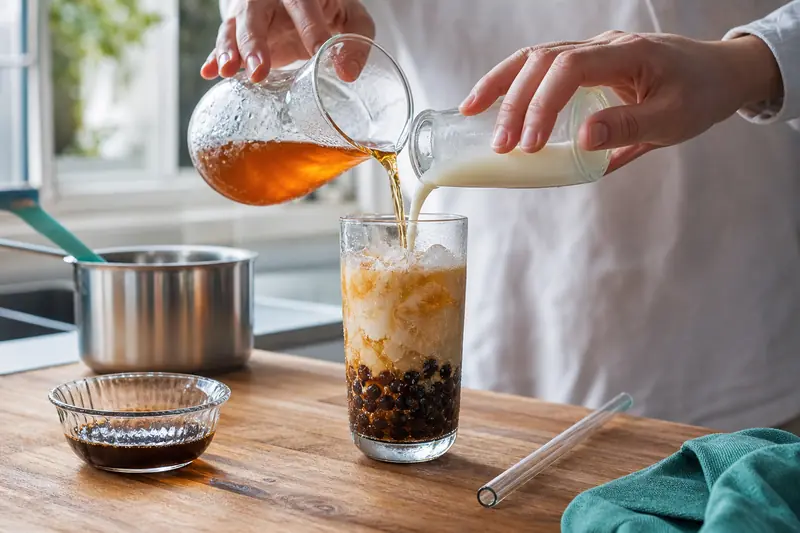 Préparation d’un Bubble Tea maison avec thé, lait et perles de tapioca
