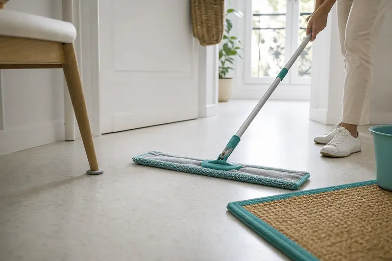 Nettoyage doux d’un sol en lino avec une serpillière microfibre essorée.