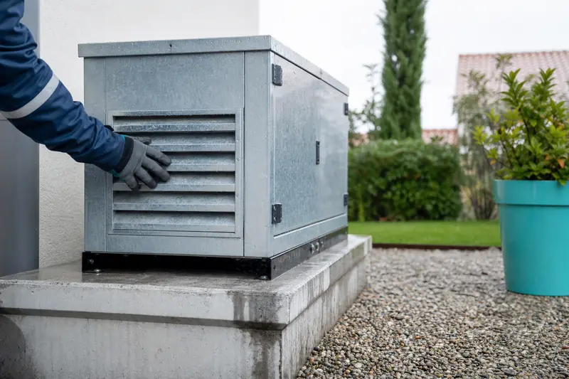 Génératrice automatique sur socle surélevé, protégée de la pluie dans un jardin.