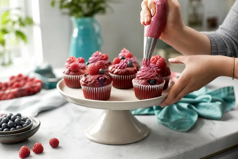 Cupcakes vegan aux fruits rouges décorés d’un glaçage rose et de baies fraîches