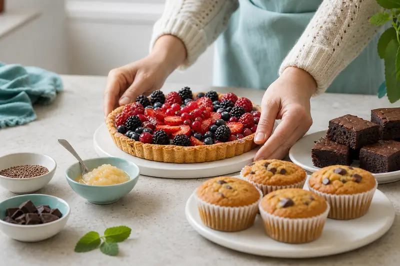 Assortiment de pâtisseries véganes maison sur une table de cuisine lumineuse
