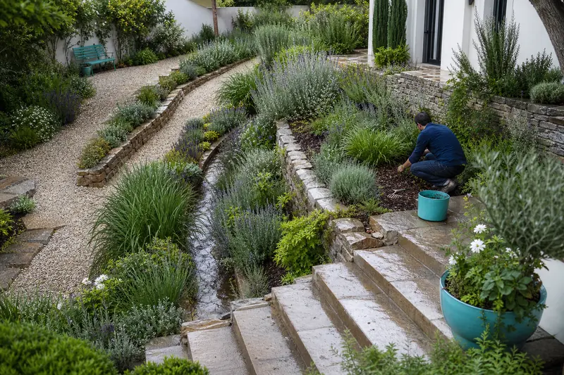 Jardin en pente aménagé avec terrasses végétalisées, escalier en pierre et allée courbe
