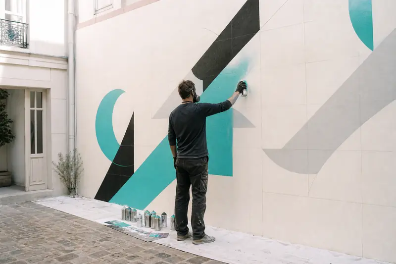 Artiste de dos réalisant une fresque géante à la bombe sur mur autorisé.