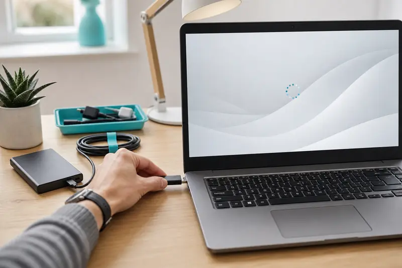Clé USB d’installation devant un ordinateur portable pour réinstallation Windows