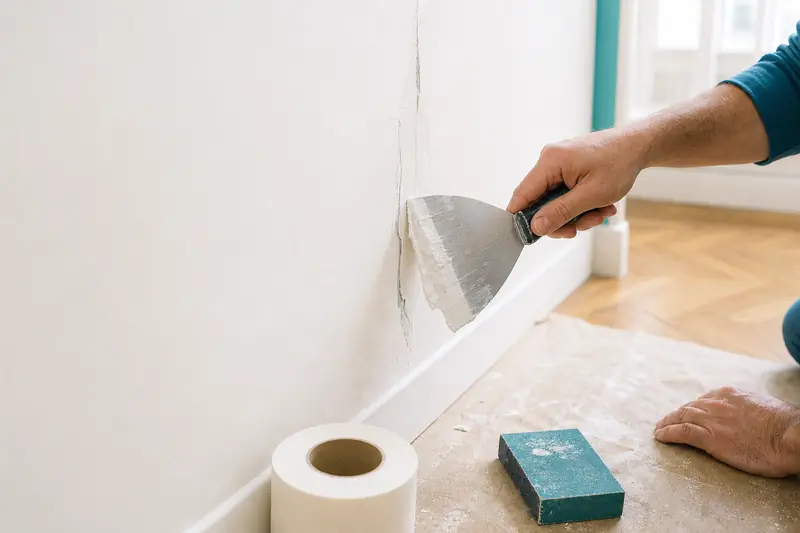 Réparation d’une fissure dans le placo avec enduit et couteau à enduire