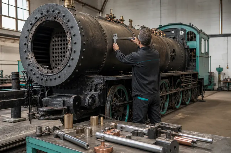 Restauration d’une locomotive à vapeur dans un atelier ferroviaire lumineux