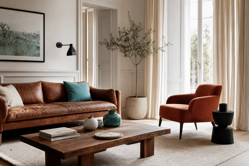 Salon orange et marron lumineux avec canapé en cuir, fauteuil terracotta et bois.