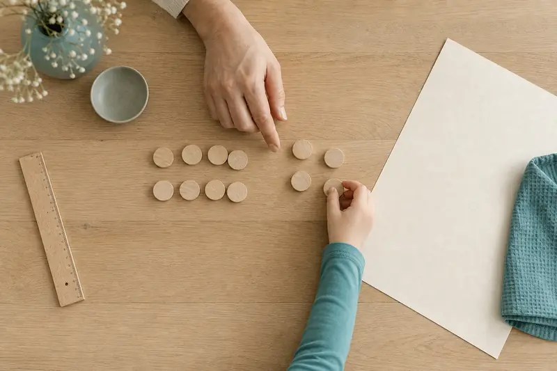 Jetons en bois illustrant une soustraction et sa différence sur une table.
