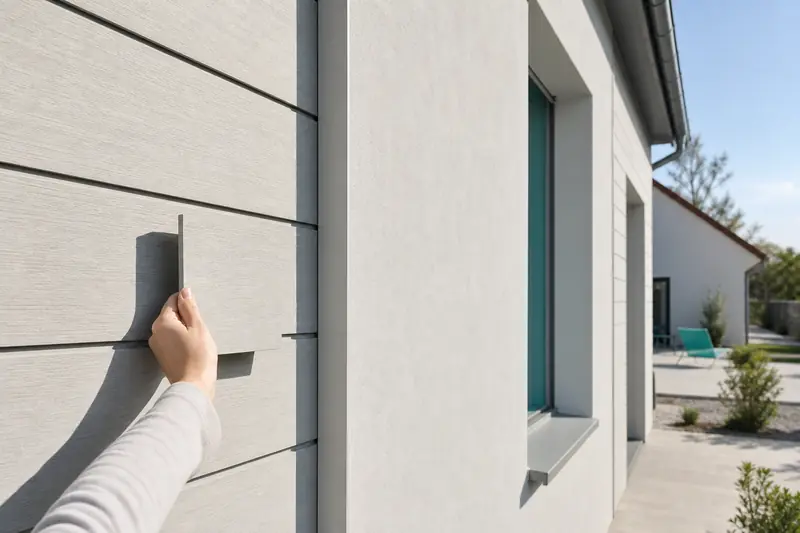 Bardage composite gris sur une façade de maison exposée au soleil