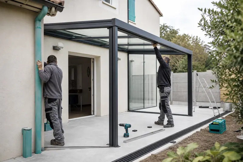 Installation d’une véranda vitrée sur dalle béton contre une maison française