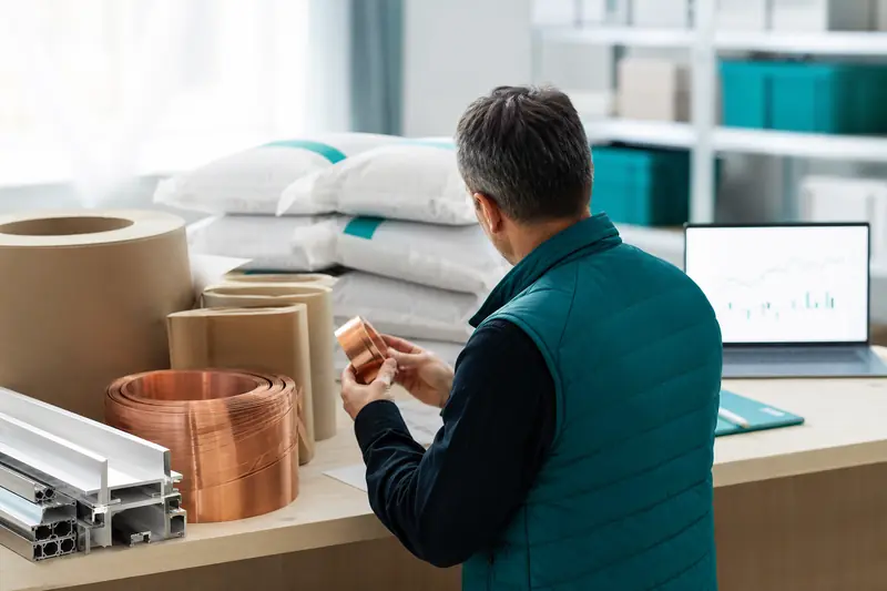 Responsable achats analysant des matières premières dans un entrepôt de PME française