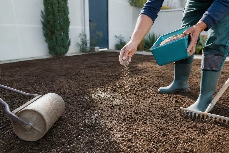 Semis de pelouse sur terre nivelée dans un jardin familial