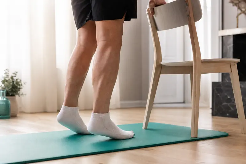 Exercice de mollet sur tapis pour soulager une tendinite au talon