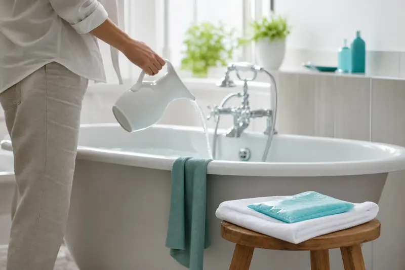 Personne préparant un bain tiède pour soulager une crise hémorroïdaire.