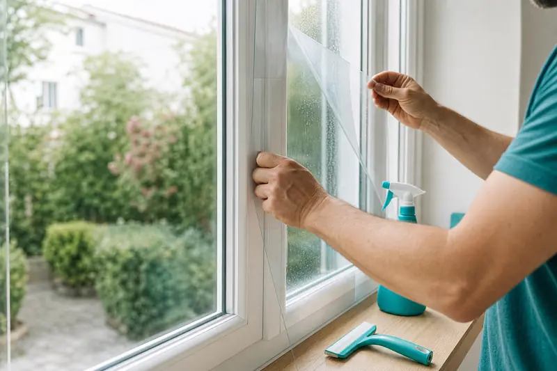 Pose d’un film solaire sur les vitres teintées d’un salon lumineux