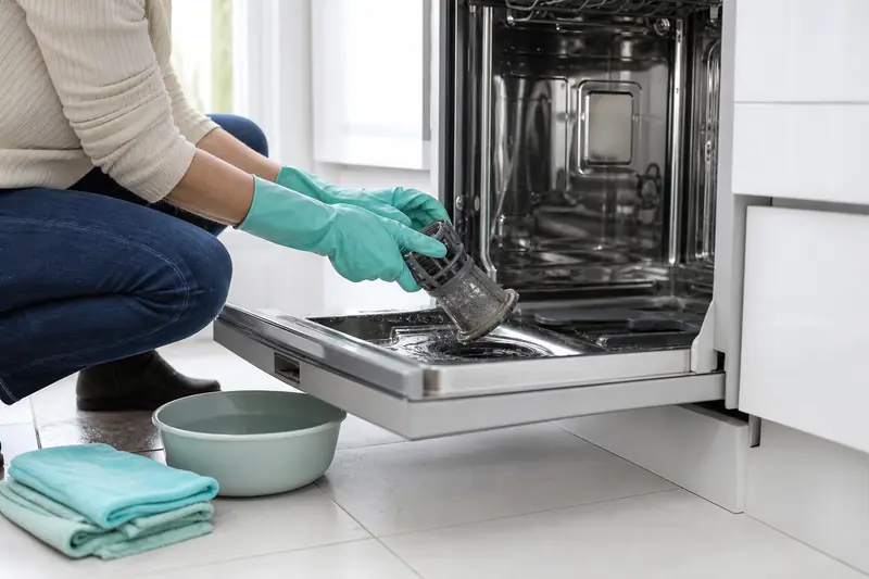 Nettoyage du filtre pour vidanger un lave-vaisselle dans une cuisine claire