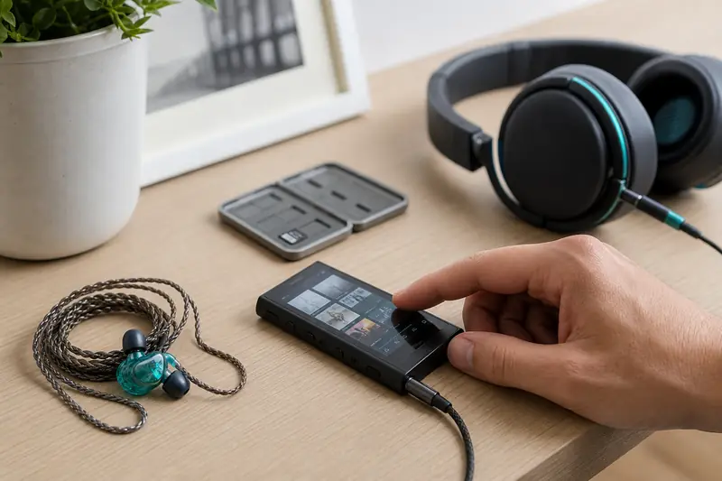 Lecteur Sony NW-A45 avec écouteurs filaires et carte microSD sur une table.