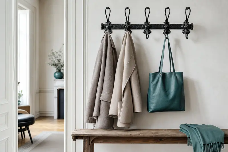 Porte-manteau vintage en fer noir dans une entrée lumineuse avec banc en bois