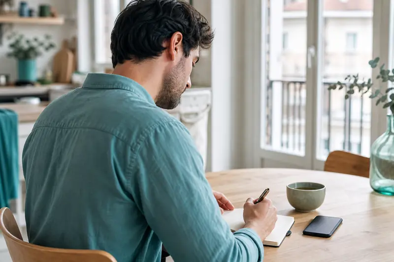 Homme notant ses émotions pour mieux comprendre sa peur et son anxiété.