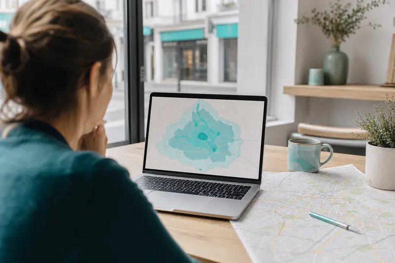 Analyse de géomarketing local sur carte et ordinateur dans une entreprise française