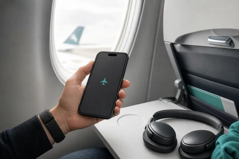 Téléphone en mode avion près d’un hublot avant le décollage
