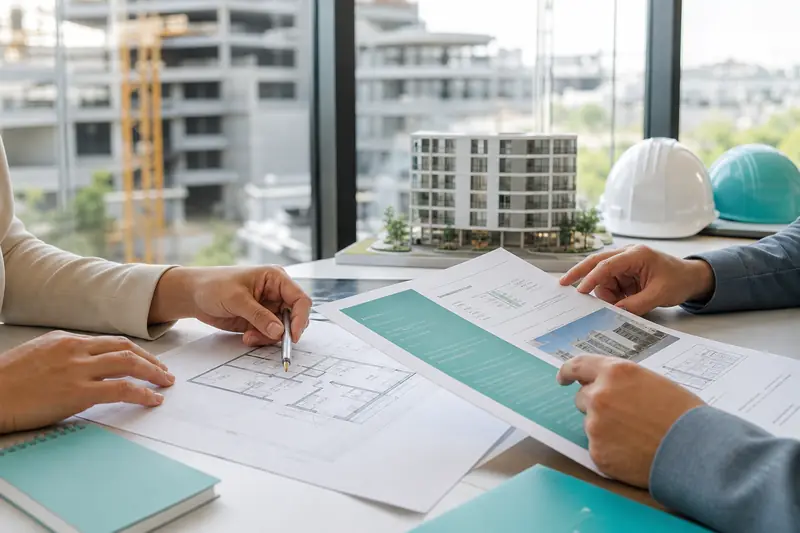 Acheteur consultant les plans d’un programme neuf avec un promoteur immobilier